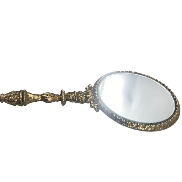 Antique Gilt Scrolled Roses Flapper Small Handheld Mirror Old Hollywood Art Deco - Picture 8 of 12